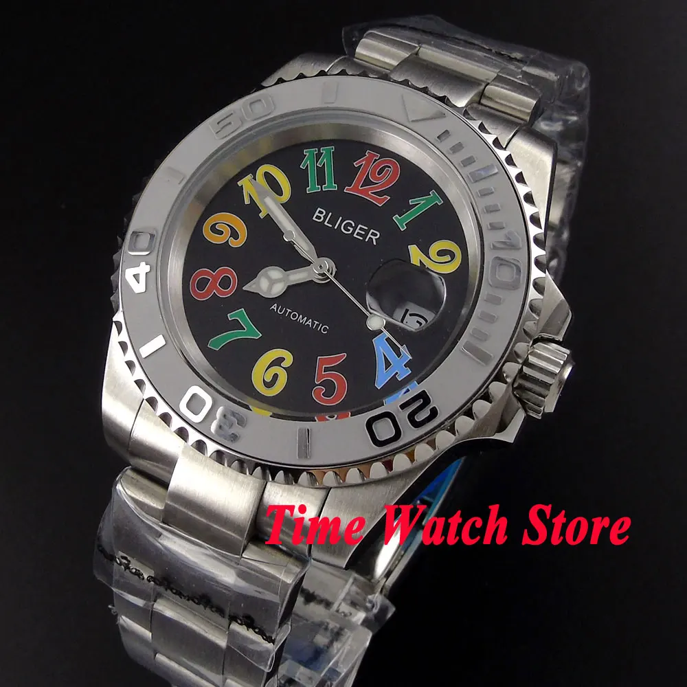 Bliger 40mm black dial saphire glass date magnifier Ceramic Bezel