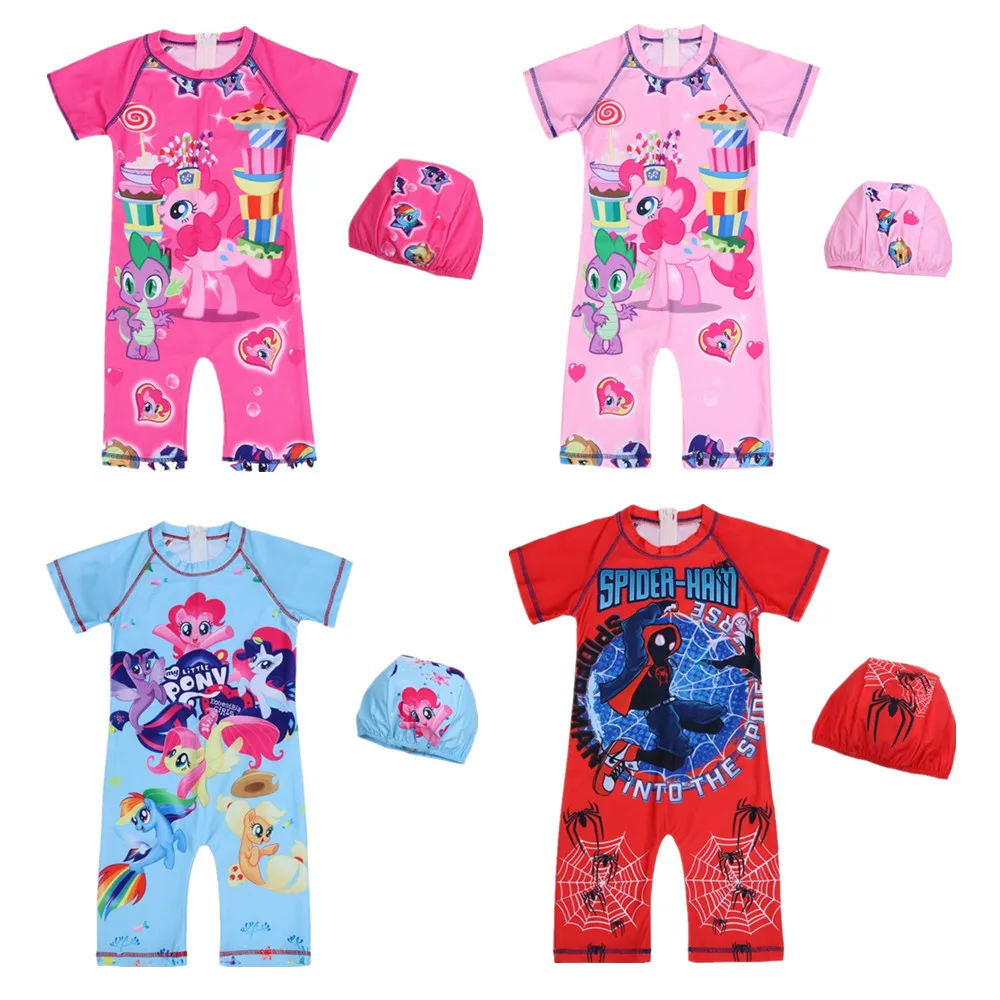 

New 2019 One Piece Swimsuit Unicorn Girl Swimwear Handsome Spiderman Boy Bodysuit Zipper Print Cartoon Kids Sport Baby Beachwear