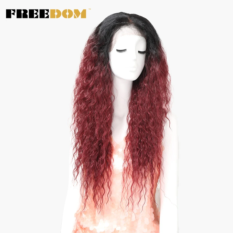 

FREEDOM Lace Front Wig With Baby Hair Kinky Curly Wigs Synthetic Ombre Red Cosplay Wig For Black Women Heat Resistant 30inch