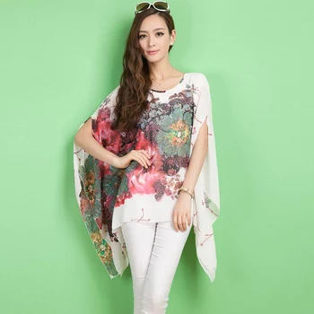 

Plus Size Loose Bat Shirt Summer Chiffon Top Casual Women Blouse Floral Print Batwing Sleeve Blusas Fashion Boho Femme Clothes