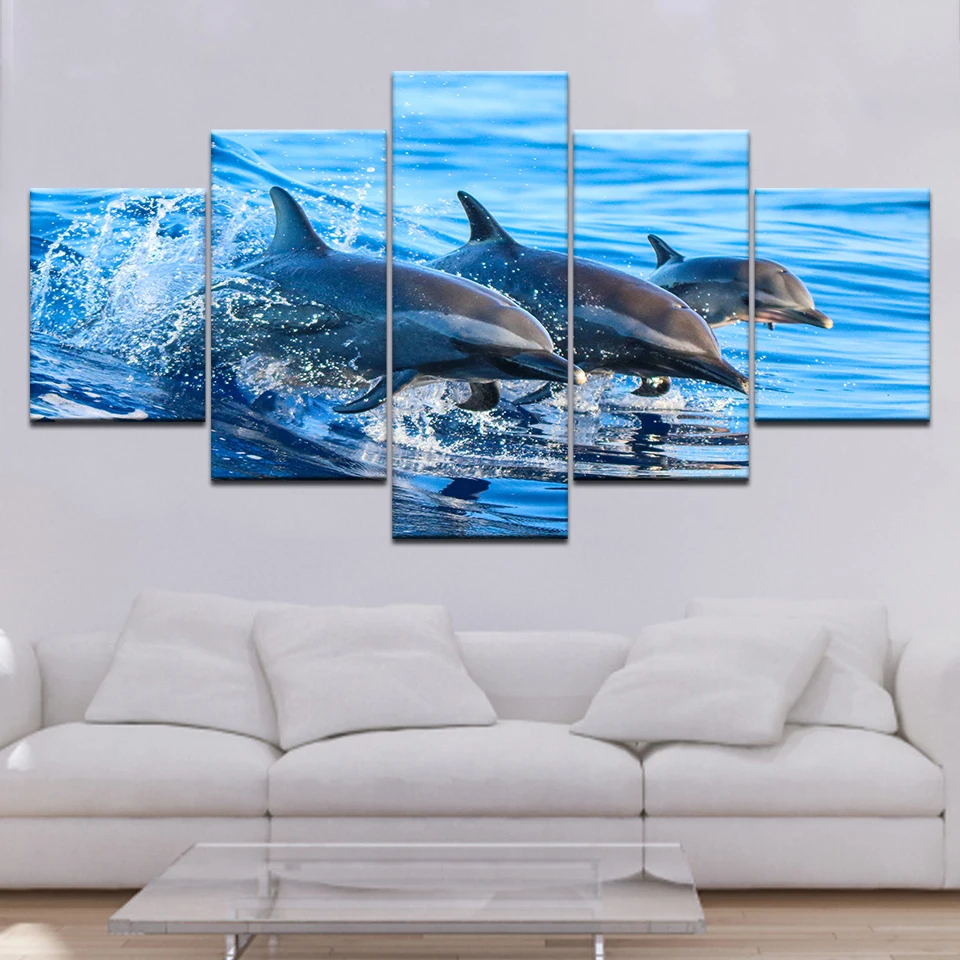 

HD Printed Modular Pictures Frame Canvas Home Wall Art Decor 5 Pieces Jumping Dolphins Animal Painting Blue Seascape Poster