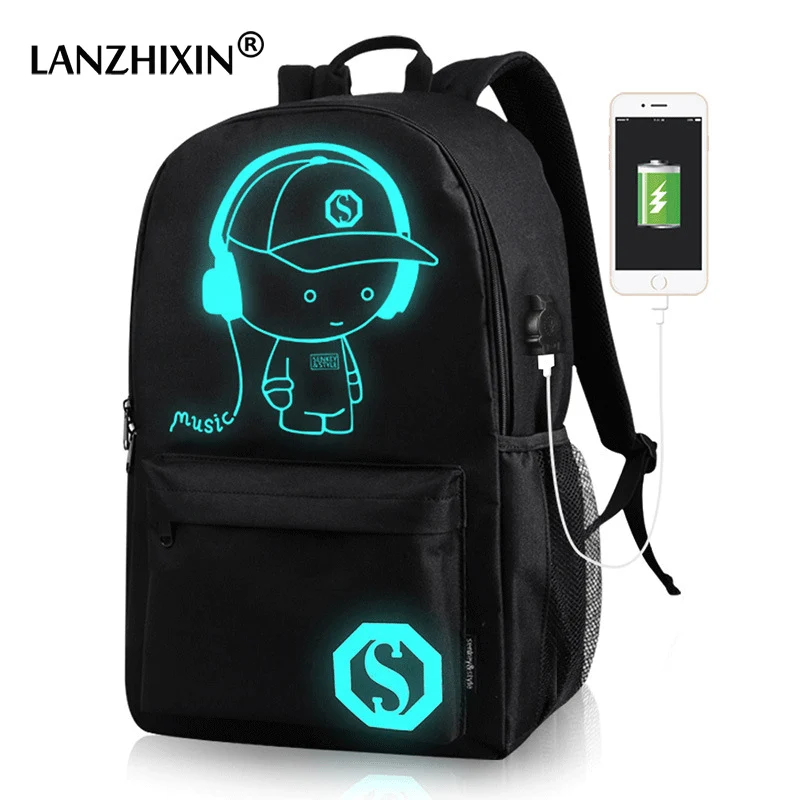 Goede Lichtgevende Laptop USB Rugzak Mannen Tas Toevallige Muziek Jongen Student Schooltassen Mannen usb Outdoor Reizen Waterdichte Rugzakken mochila