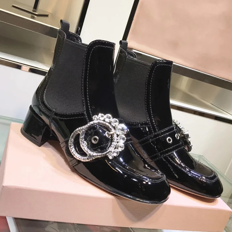 

Sexy Patent Leather Crystal Buckle Women Ankle Boots Chunky Heel Women's Boots Slip On Round Toe Brand Woman Botas Shoes Woman