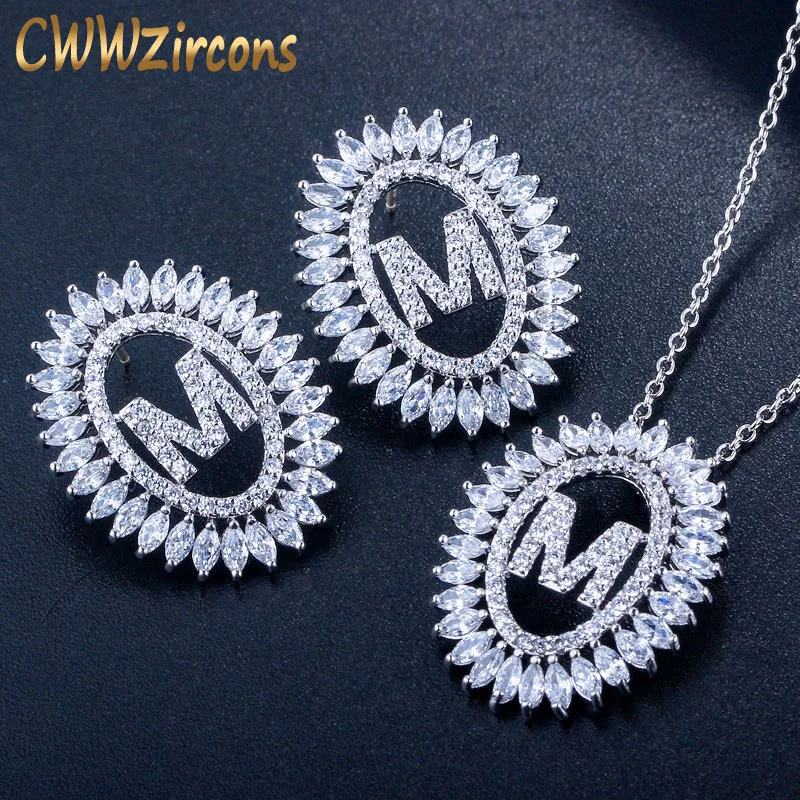 

CWWZircons Brand Gorgeous White CZ Crystal Round Initials Necklace Earrings Jewelry Sets For Women Best Friends Gift T304