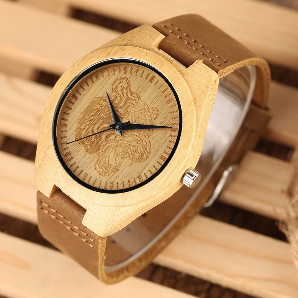Tiger Head Theme Bamboo Wooden Wrist Watch Casual Nature Creative Wood Sport Quartz Watches Analog Clock for Men Women (8)