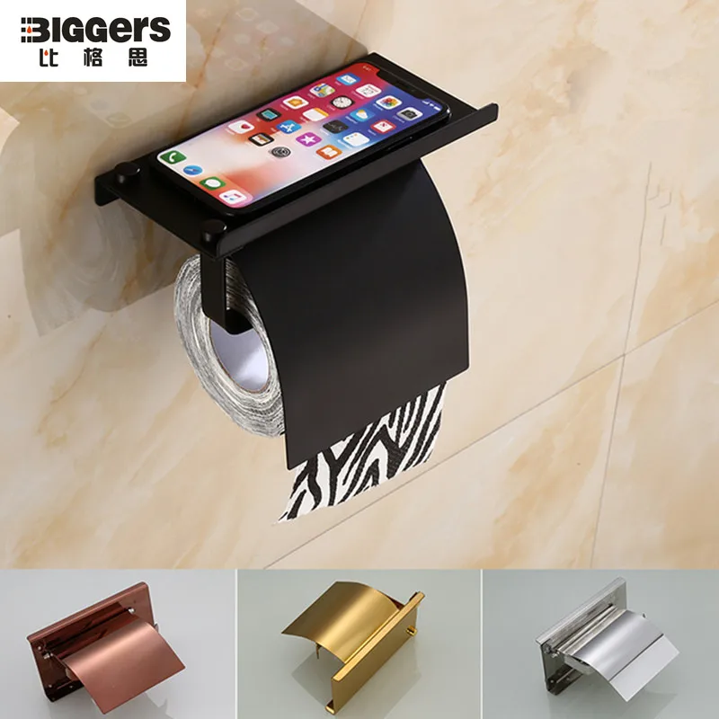 Free shipping Luxury gold rose gold color stainless steel bathroom phone shelf toilet paper holder with cover bathroom shelf