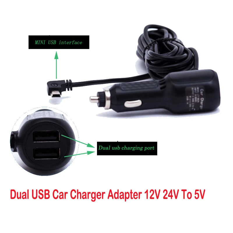 Dual USB Автомобильное Зарядное устройство адаптер 12 В 24 В до 5 В для смартфонов gps Видеорегистраторы для автомобилей зарядки автомобиля с 3,5 метра кабель Mini USB порт
