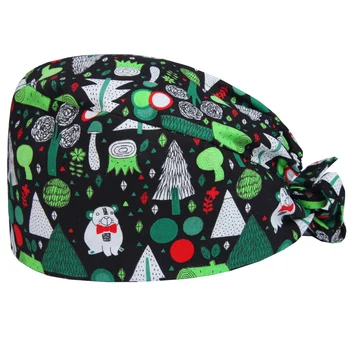 

Forest Print Scrub Surgical Cap for Women and Men Doctor Surgeon Work Headwear Tie Back with Sweatband Skull Round Top Hats