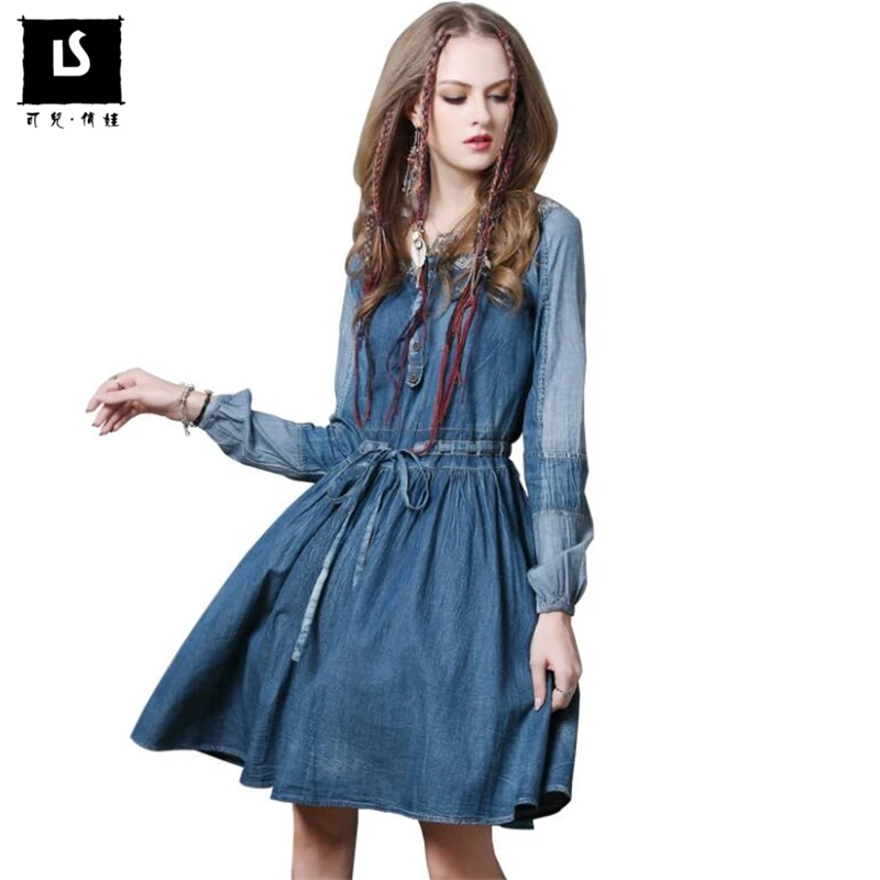 

Women autumn winter dress 2017 new fashion Europe brand sexy slim Stitching denim dress vintage embroidery long-sleeve dresses