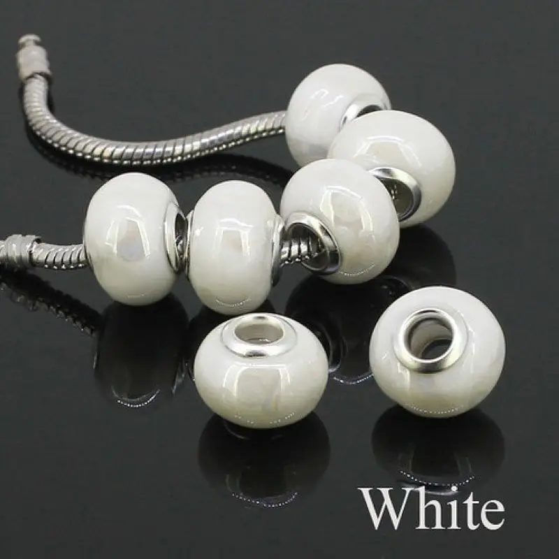 

50pcs Beautiful Pure White Big Hole Silver Core Ceramic Beads Fit European Charms Bracelet & Necklace DIY Jewelry making SB12