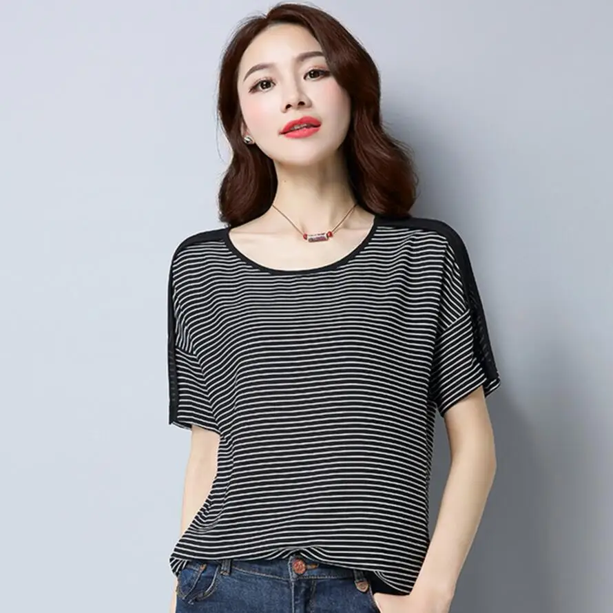 FFTAIQI new fashion summer fresh cool patchwork short sleeve woman tee tops simple classic striped O-Neck loose women T-shirt | Женская