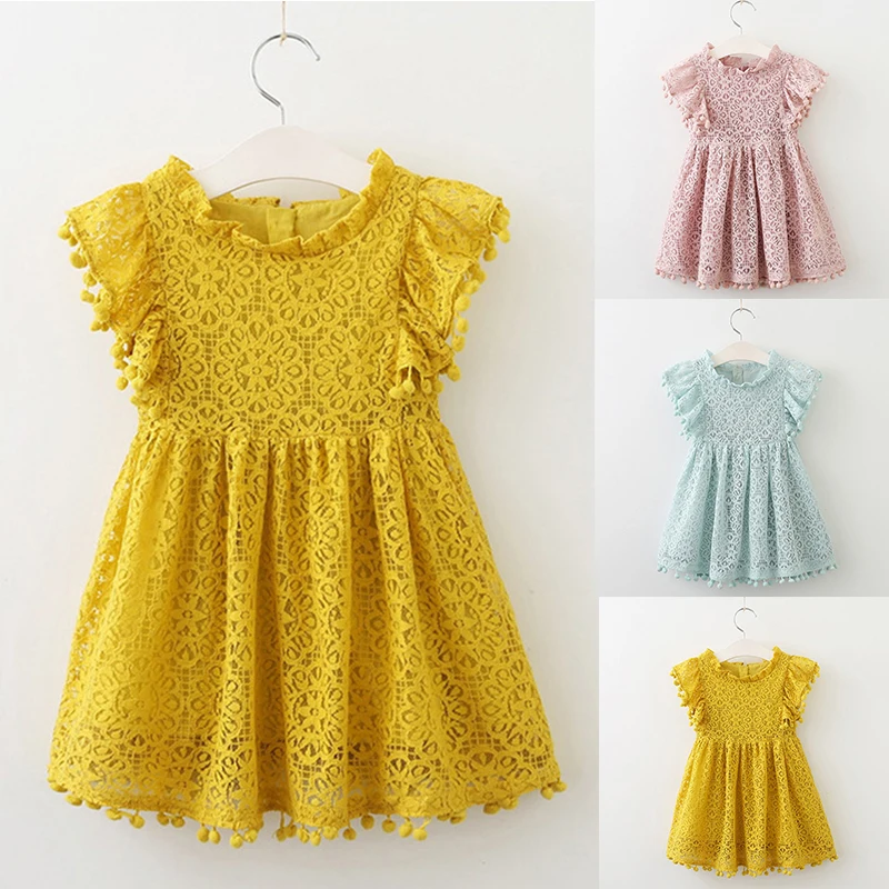 

Girls Dress Pom Pom Trim Ruffle Sleeve Dresses For Girls Children Summer Clothing Lace Overlay Wedding Party Bridesmaid Dress