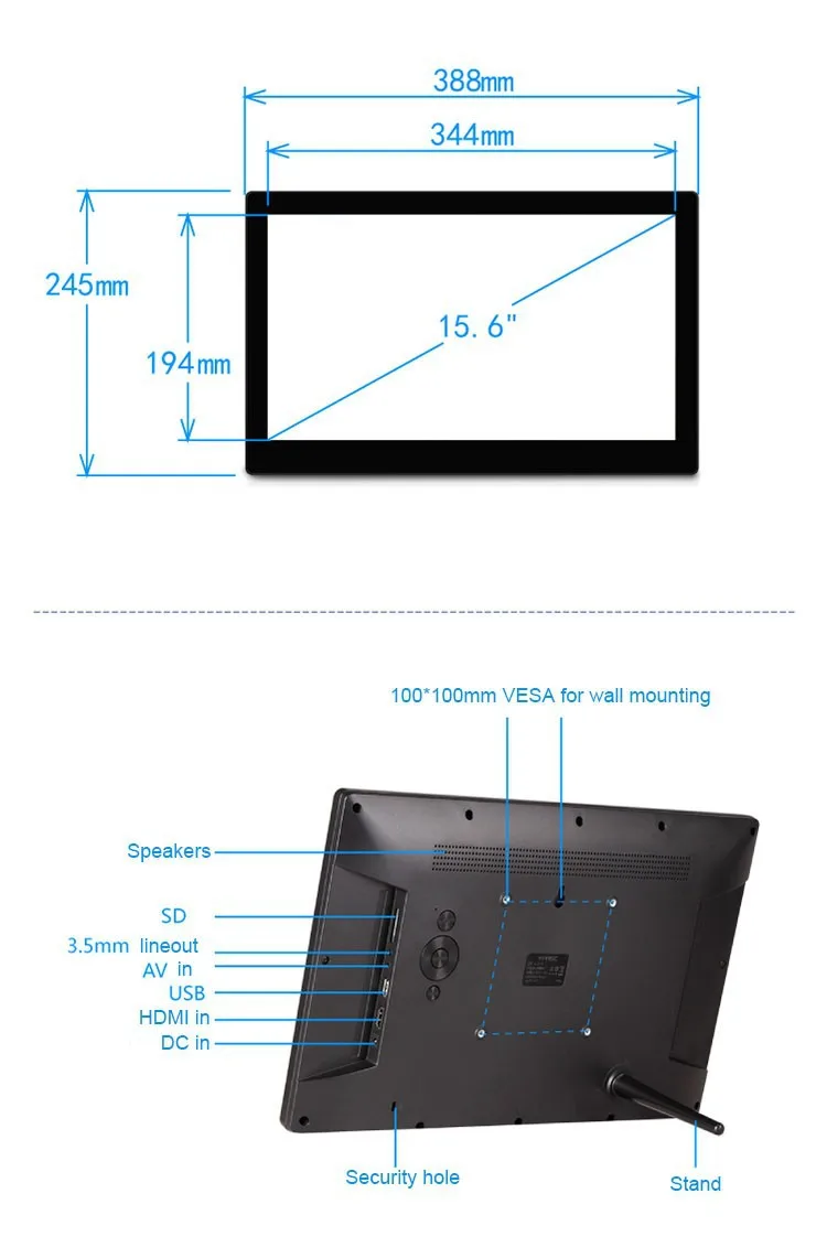 15,6 дюймовая светодиодная цифровая рамка-рекламный монитор(1920*1080, 1080 P, HDMI in, AV in, USB, sd-карта, VESA, пульт дистанционного управления, полная функция