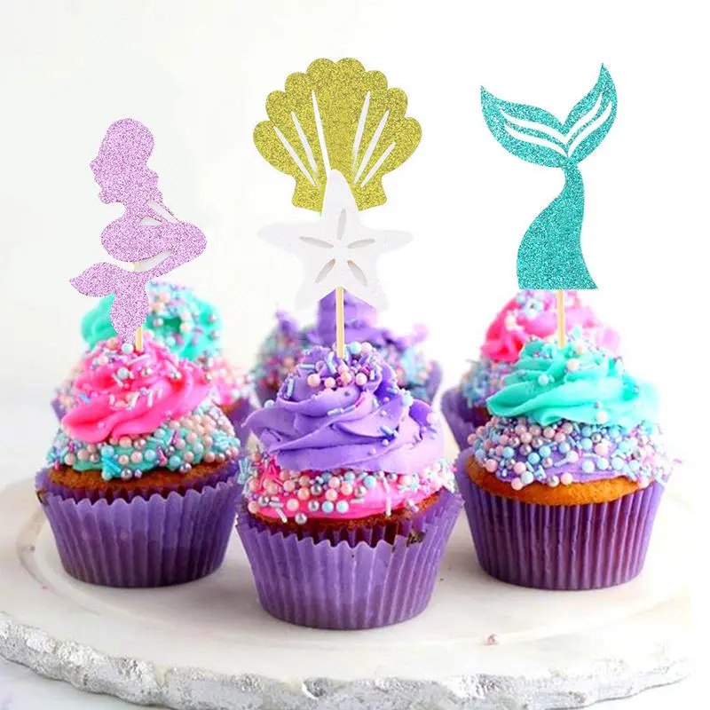 Decoración para torta de sirena 24 piezas Decoración de cumpleaños para niña Decoración de Cupcake para Niña Decoración de cumpleaños con Sirena Mermaid Cupcake WIKI FIESTA 