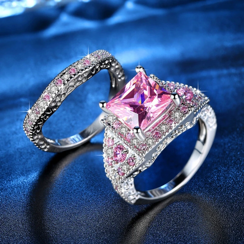 

Women 1Pair Luxurious Square Pink Crystal Princess Ring Set Silver color AAA CZ Wedding Engagement copper Ring Drop Shipping