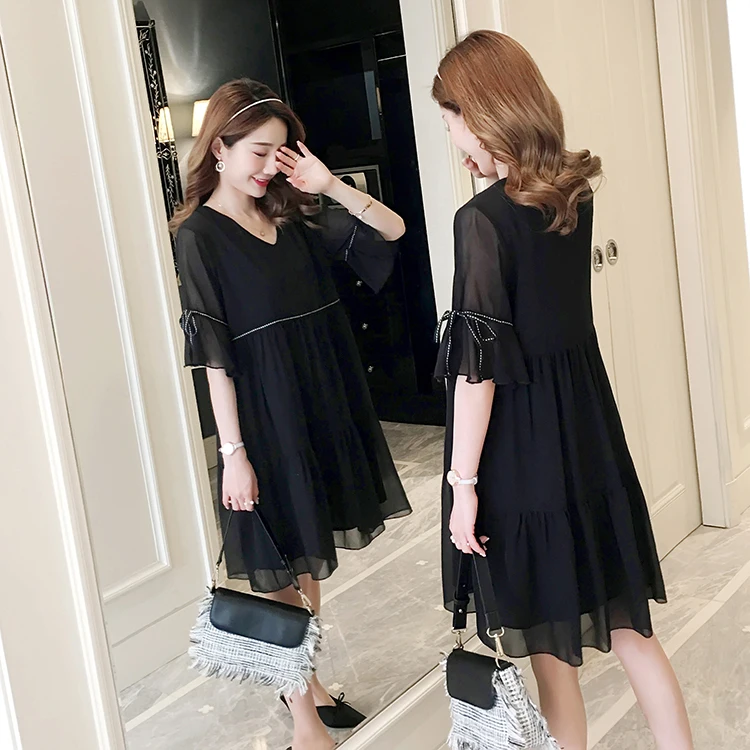 

2019 Loose Summer New Chiffon Pregnant Women Dress Short Flare Sleeve V-neck Black Elegant Maternity Sweet Loose Dress Cute