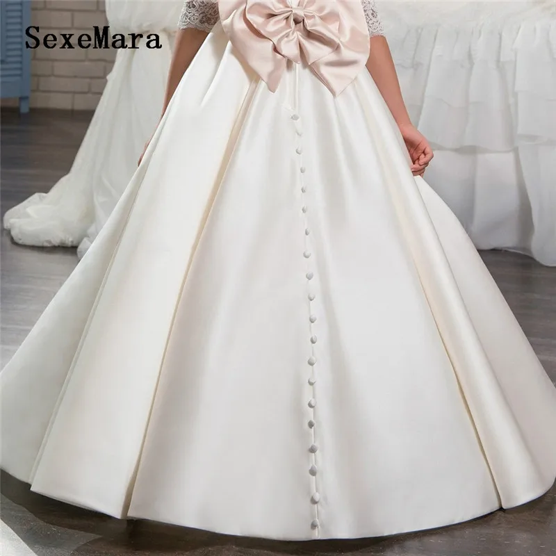 Новое Кружевное атласное платье цвета слоновой кости с цветочным узором для девочек на свадьбу, платье с длинным рукавом и поясом из бисера