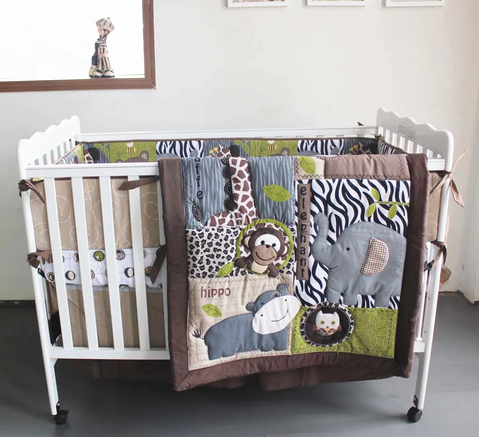 

Promotion! 7PCS Embroidery Carton Baby Bedding Sets Kit Set Bedding Cover Crib Quilt,include(bumper+duvet+bed cover+bed skirt)
