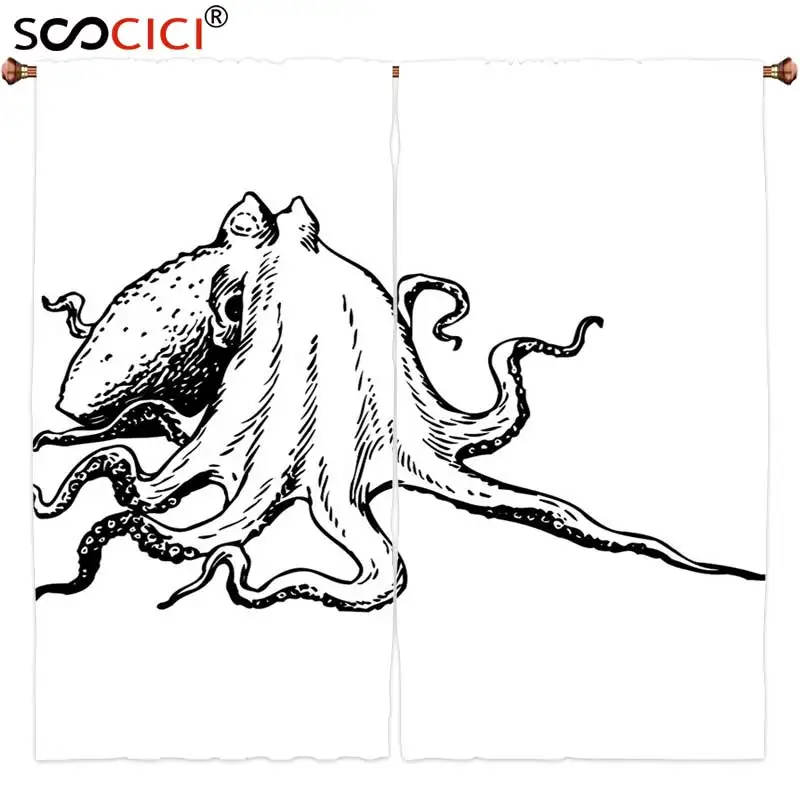 

Window Curtains Treatments 2 Panels,Octopus Decor Collection Octopus with Giant Tentacles Underwater Wildlife Sea Creature