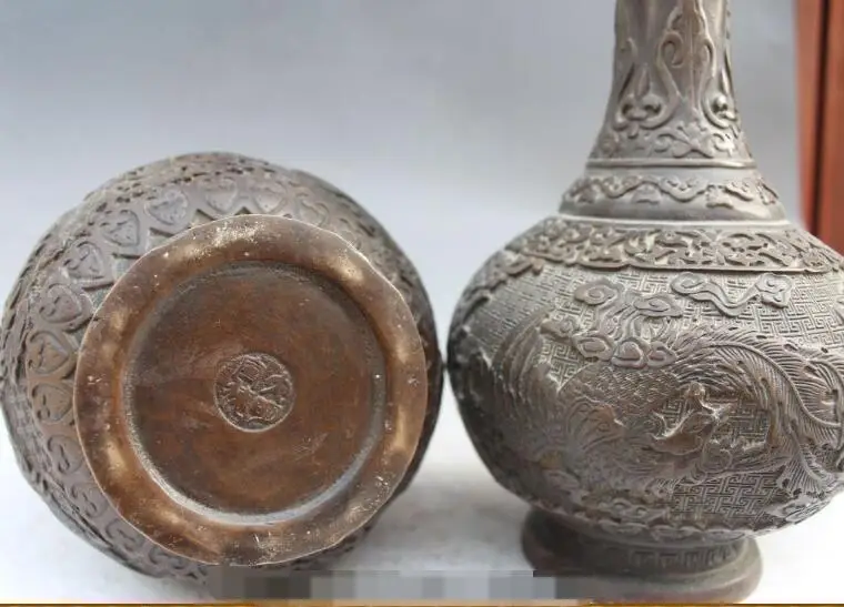 

S1405 10" Marked Chinese Bronze Phoenix Birds FengHuang Flower Vase Bottle Statue Pair