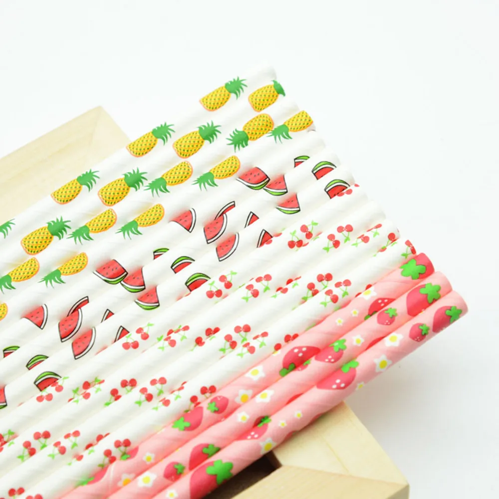 

New Arrival 25pcs/lot Pink Strawberry Pineapple Watermelon Paper Straws For Kids Birthday Wedding Supplies Party Drinking Straws
