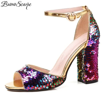 

Women Bling Bling Heeled Sandals Super Square High Heels 9 CM Colourful Sequines Heels Lady Shoes Peep Toe Sandals Big Size 45