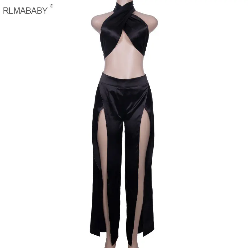 Rlmaaby черный бандажный Женский комплект 2 шт. комбинезон с открытой спиной из искусственного шелка с высокой талией, Комбинезоны для ночного клуба, сексуальный комбинезон - Цвет: Black