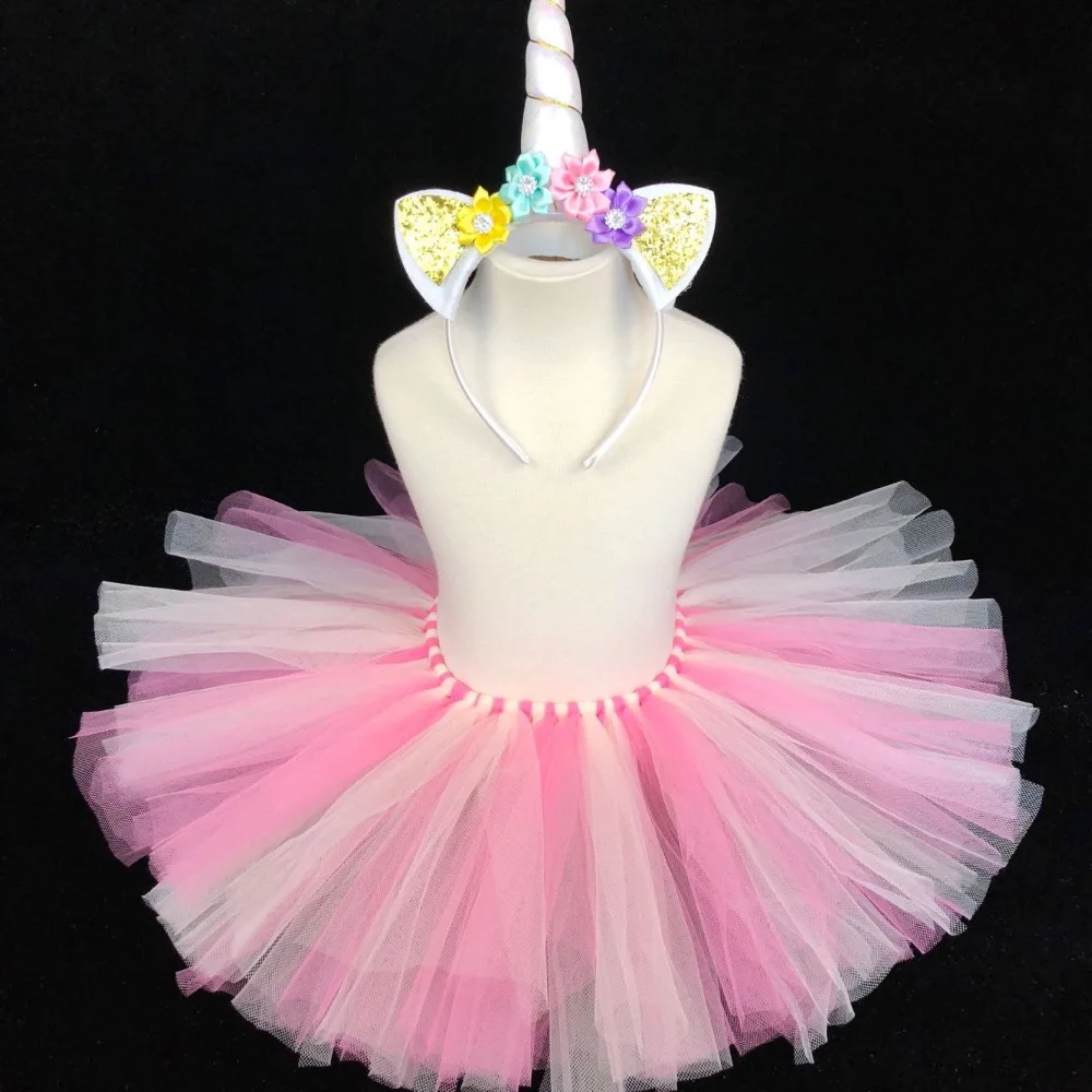 Cute Baby Girls Unicorn Tutu Skirts Kids Tulle Pettiskirts Tutus with Cat Flower Hairbow