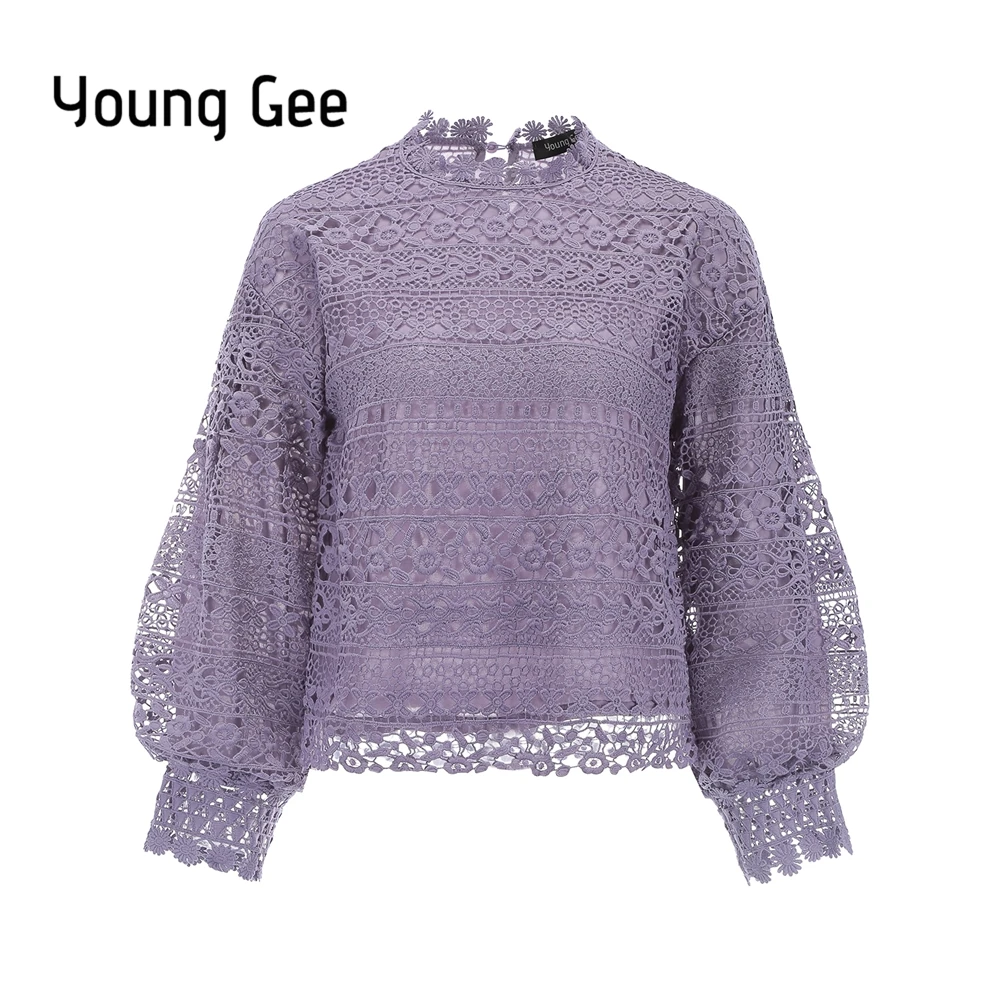 

Young Gee Lace Blouses Hollow Out Shirt Women Elegant Floral Crochet Lantern Sleeve Tops Vintage High Quality blusa feminina