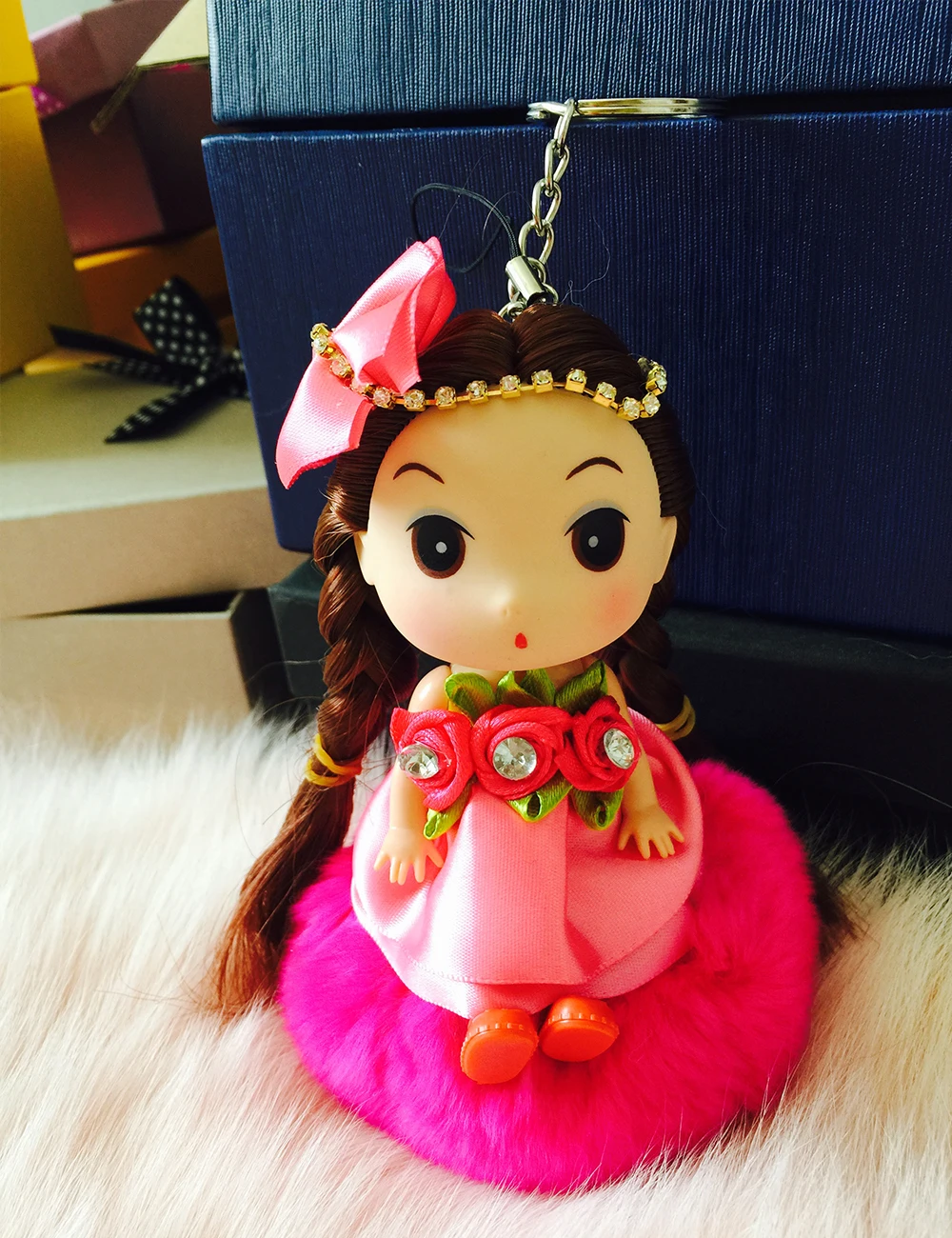 Cute little girl doll Key chain Big head Doll Keychain Rabbit Fur Ball