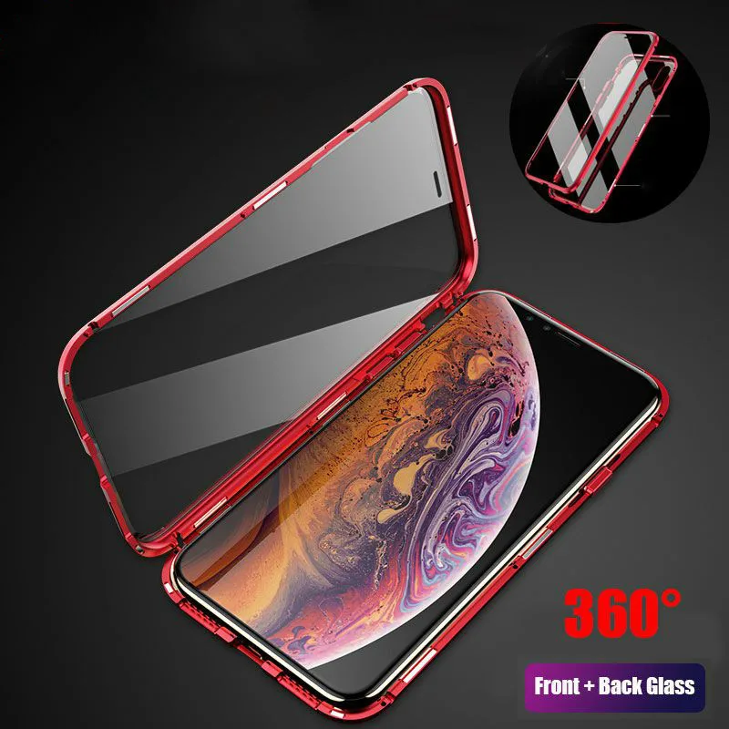 

360 Temper Glass Magnetic Case for iPhone Xs Max Xr Magnet Adsorption Metal Clear Cover for iPhone X Xs 7 8 Plus