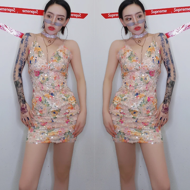 

New Nightclub Bar DJDS Costumessexy Sling Dresses Stage Performance Outfit America Sexy Female Singer Sequin Party Dress DWY1811