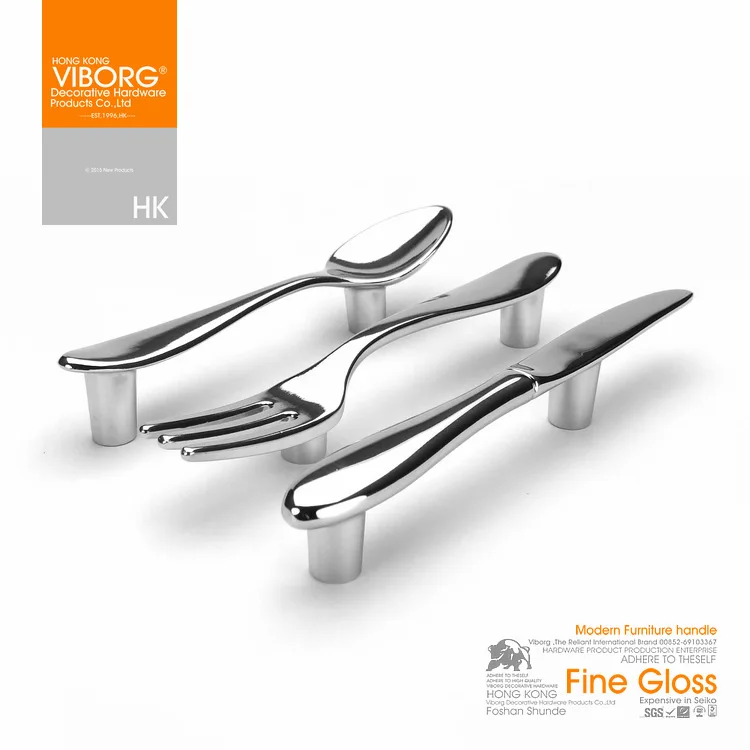 

(3-pack) VIBORG 76mm Top Quality Modern Kitchen Drawer Handles Cabinet Cupboard Door Handle Pulls, Spoon + Fork + Knife, chrome