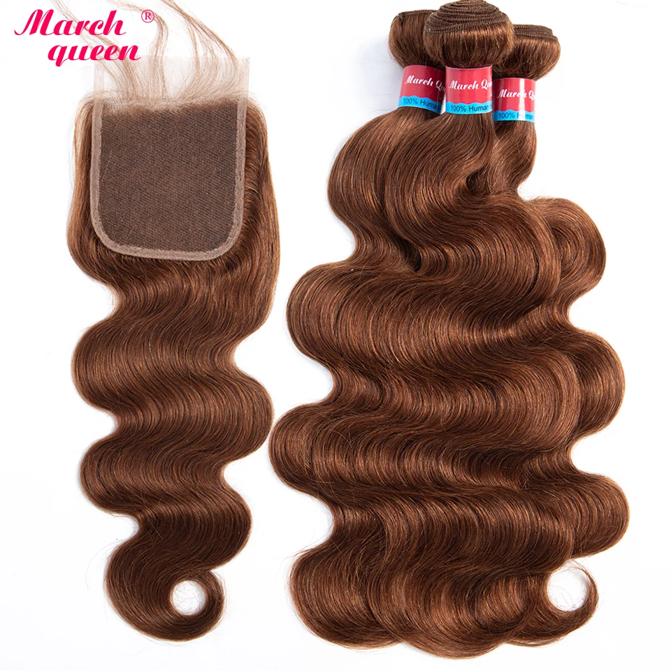 Marchqueen предварительно Цветной 3 пучки индийский объемная волна с закрытием #4 коричневый Цвет натуральные волосы ткань с закрытием номера