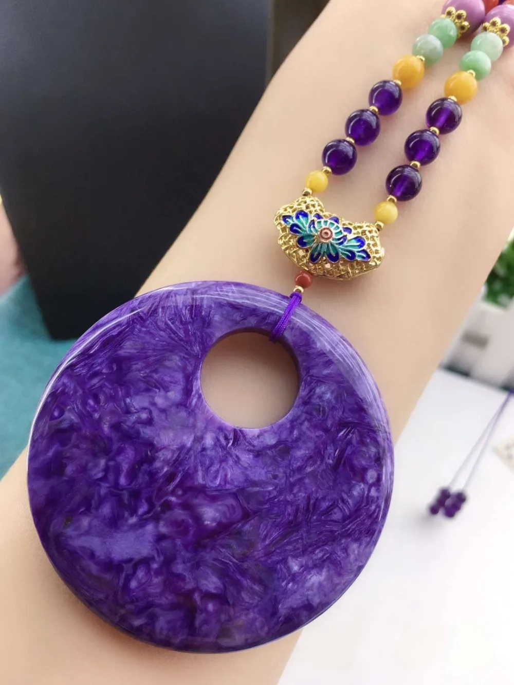 

Genuine Natural Charoite Pendant 58x8mm Purple Round Shape Gemstone For Woman Men Gift Crystal Healing Pendant Necklace