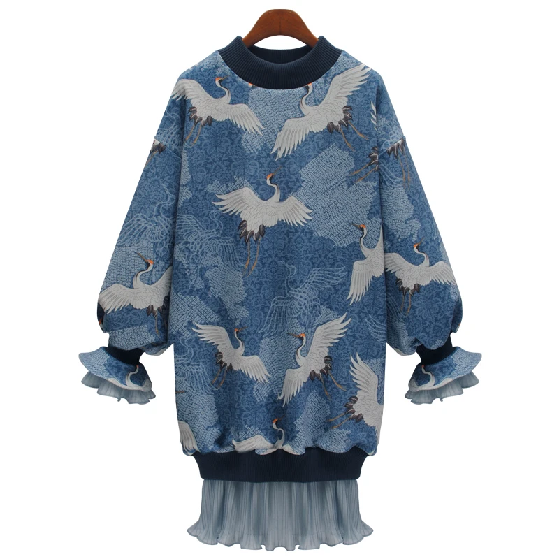 جديد الأزرق منقوشة vestidos تقسم شبكة فضفاضة فساتين sweatershirt اللباس طباعة vetement فام 2018