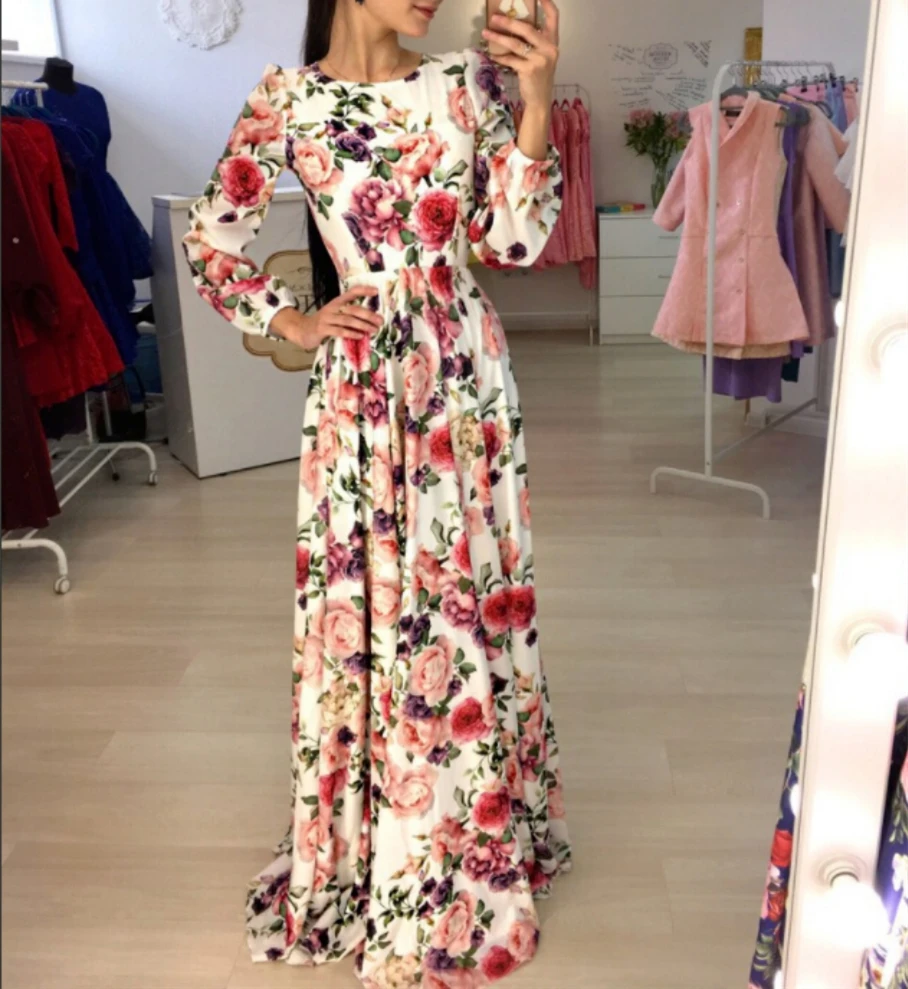 

Summer Women Floral Print Dress Boho Long Sleeve Maxi Dress O Neck High Waist Loose Casual Beach Dress