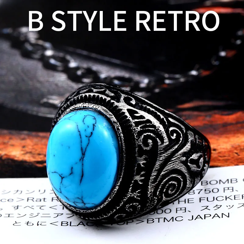 Beier 316L Stainless Steel Natural Oval Opal Green Stone Ring Vintage Nobel Palace Product For Woman Man LR633 - Цвет основного камня: Синий