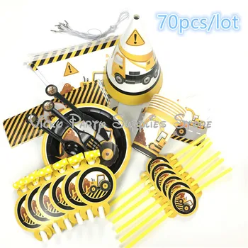 

70pcs/lot Excavator Truck Disposable Tableware Cartoon Car Birthday Baby Shower Excavator Cup Plate Party Decoration Supplies