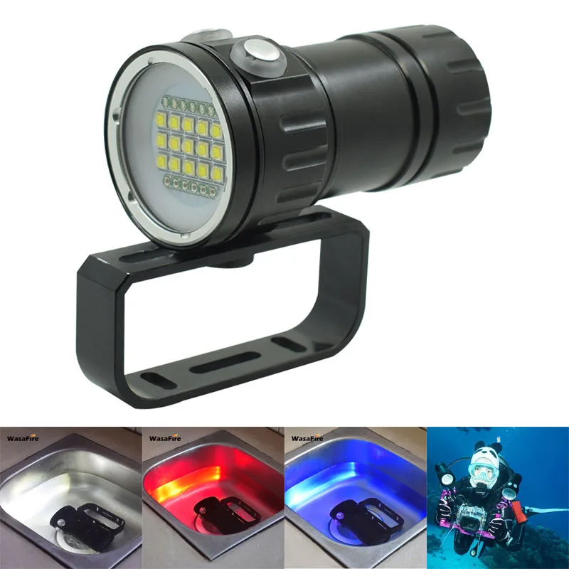 

LED Diving flashlight 15x XM-L2 White + 6xRed + 6xBlue Light Scuba Photo Lamp Underwater 100m 18650 Photography Video Dive Torch