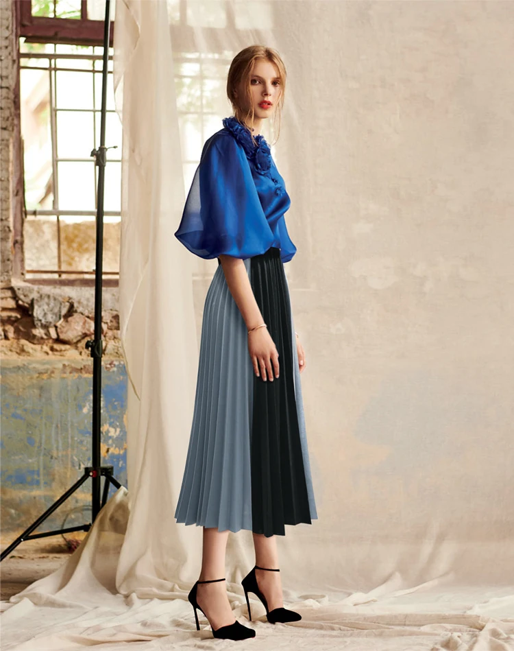 

HXJJP Long Tulle Skirt Women 2019 Spring Summer Gradient Korean Elegant High Waist A-line Pleated School Long Skirt Female
