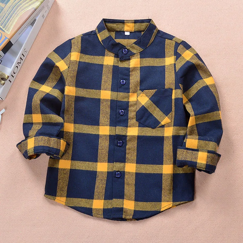 Autumn Children Boys Shirts Fashion Plaid Mandarin Collar Long Sleeves Shirts For 2-12 Years Old Kids Wear Clothes