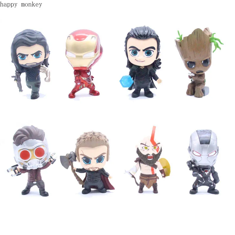 

8pcs/set Marvel Avengers Loki Thor Ironman Star Lord God of War Winter Solider Cute Figure Model Toys