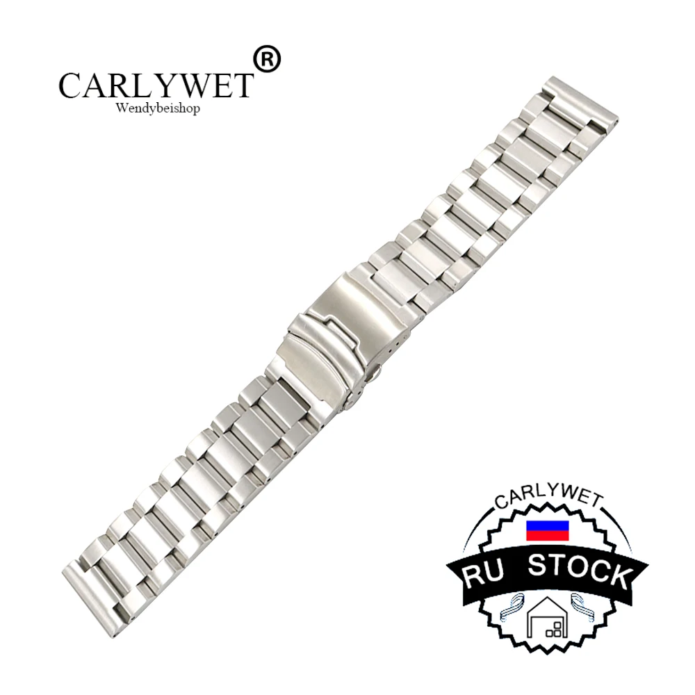 

CARLYWET RU STOCK 18 20 22 24mm Silver Solid Stainless Steel Bracelet Watch Band Strap Belt Double Push Clasp