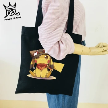 

frdun Tommy Pokemon Shoulder Bag Cotton Fashion Japanese Cartoon Shoulder Bags Harajuku Tote Black Shopping Kawaii Durable Bag