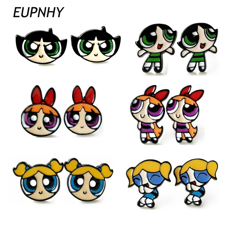 EUPNHY, 6 пар, серьги-гвоздики для женщин, девушек, пауэрпуф для девушек, Мультяшные гипоаллергенные эмалевые серьги, бижутерия