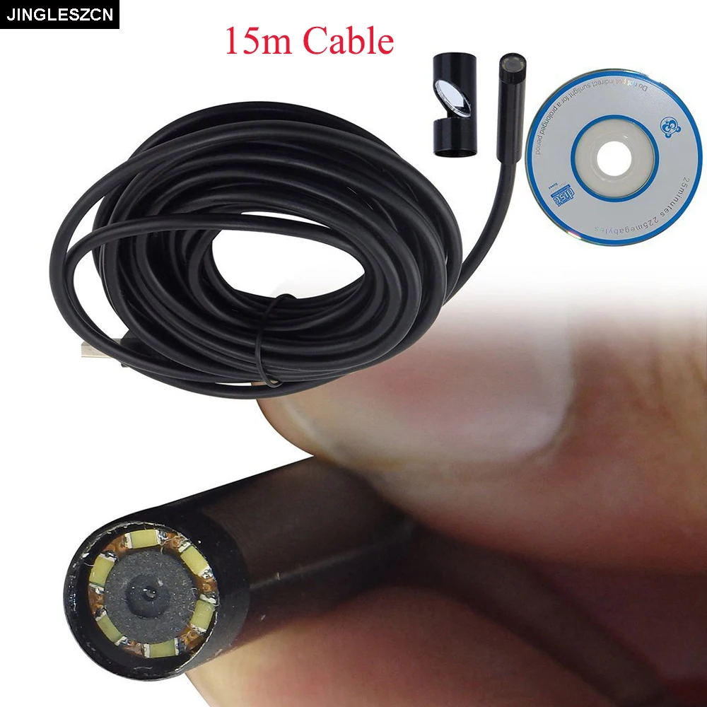 

JINGLESZCN USB Endoscope Mini Camera 7MM Dia 15M Length CMOS Waterproof Borescope Inspection Camera 6 LED Snake Visual Video Cam