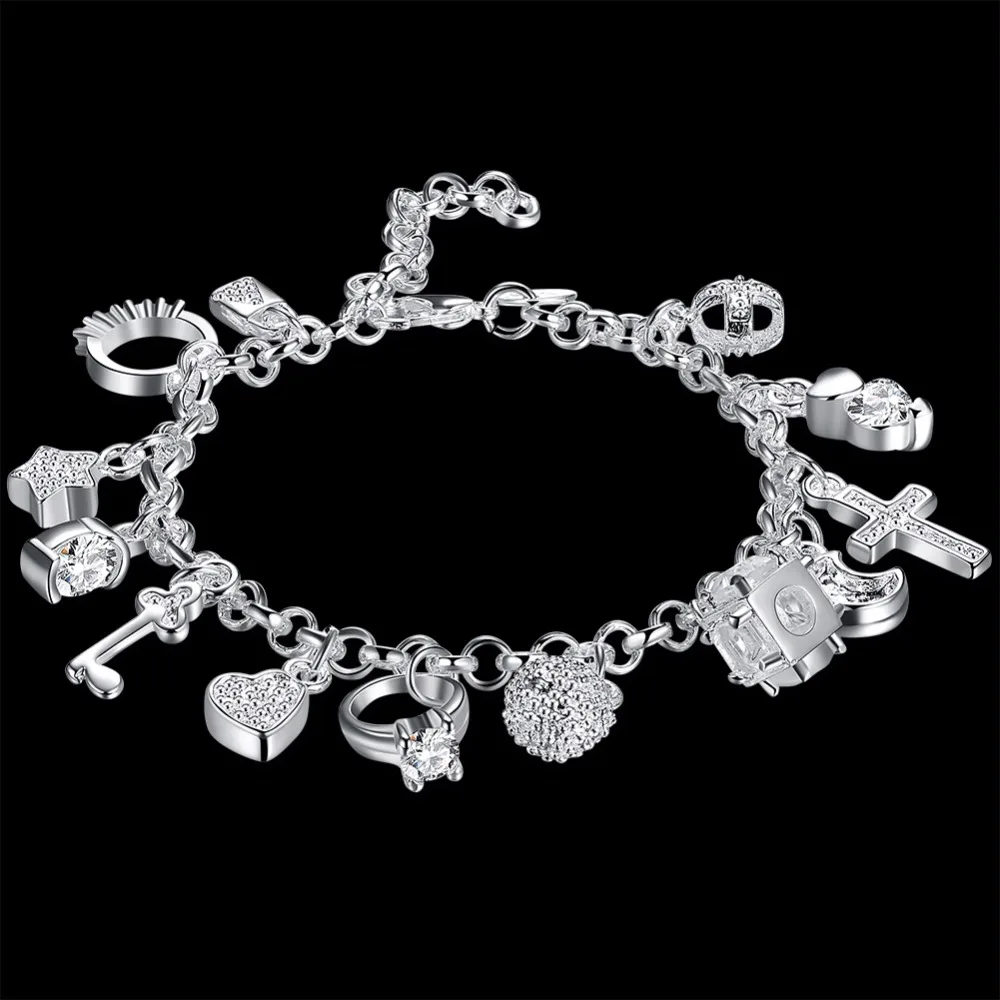 

Women's Jewelry 925 pure silver plated 13 charms Cross Lock Key Heart Star Moon Flower Zircon bracelets bangles joyas de plata