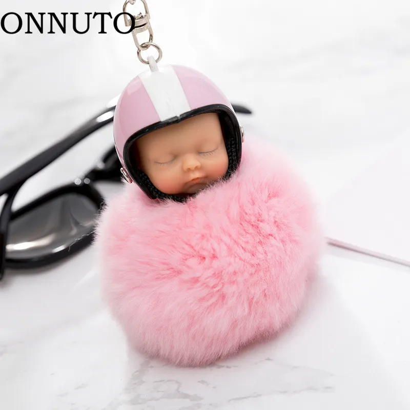 

17 Colors Cute Sleeping Baby Dolls Helmet Pompom KeyChain Fur Ball Keyring Helmet Motorcycle Key Chain Jewelry Accessories 2019