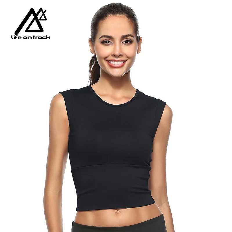 

Life on Track Womens Crop Tank Tops Workout Running High Neck Sports Bra Built-in Bra Racerback Yoga Gym Running Workout